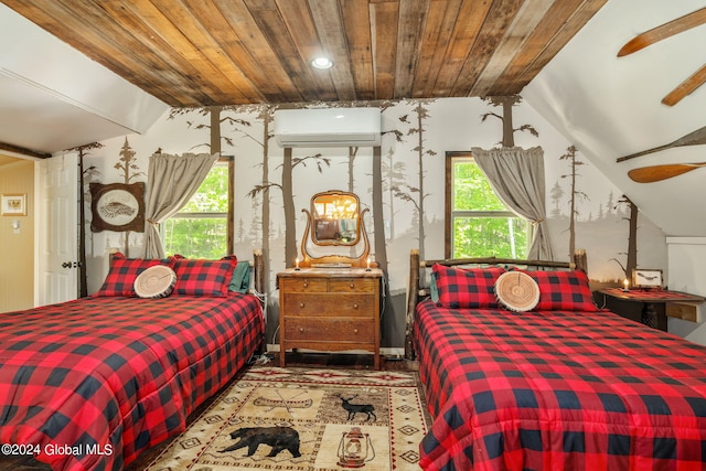 bedroom with ceiling fan, an AC wall unit, wooden ceiling, and recessed lighting