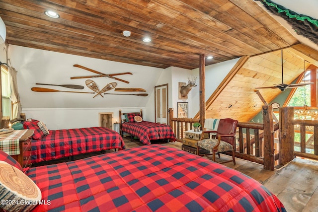 bedroom featuring lofted ceiling, wood finished floors, wood ceiling, and recessed lighting