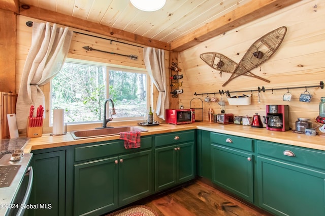 kitchen with wood walls, a sink, wood ceiling, green cabinets, and dark wood-style floors