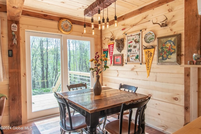 dining room featuring wooden ceiling, plenty of natural light, and wooden walls