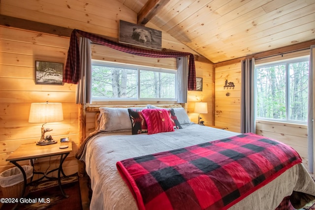 bedroom with vaulted ceiling with beams, wooden ceiling, wooden walls, and multiple windows