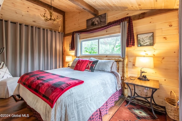 bedroom with lofted ceiling with beams, wooden ceiling, wood finished floors, and wooden walls