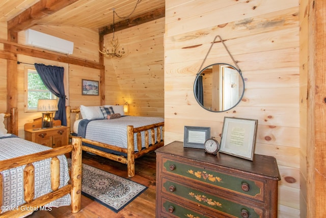 bedroom featuring wooden ceiling, a wall unit AC, wood walls, and wood finished floors