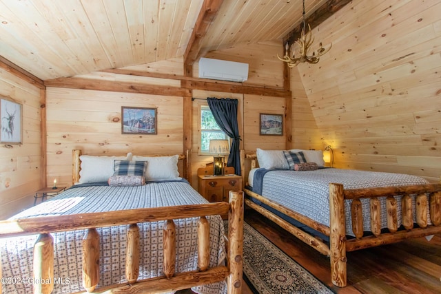 bedroom with a wall unit AC, lofted ceiling with beams, an inviting chandelier, wood ceiling, and wooden walls