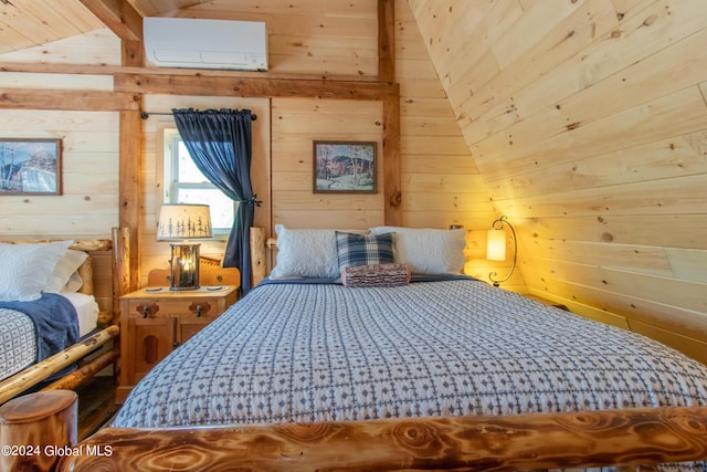 bedroom with a wall unit AC, wood walls, and lofted ceiling