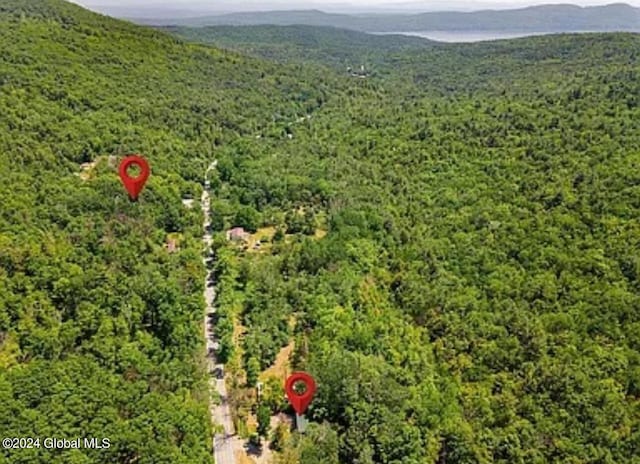 drone / aerial view featuring a wooded view