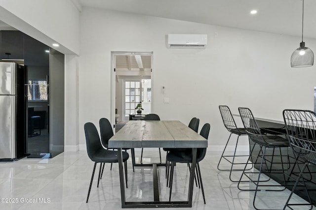 dining room featuring lofted ceiling, recessed lighting, a wall unit AC, and baseboards