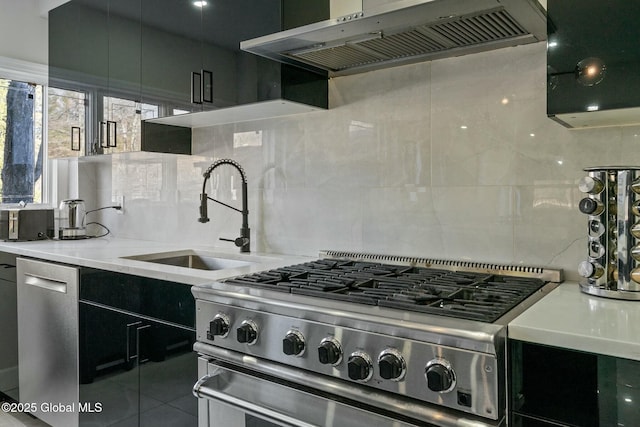 kitchen with tasteful backsplash, appliances with stainless steel finishes, a sink, and exhaust hood