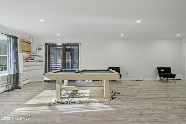 recreation room featuring a baseboard radiator, recessed lighting, pool table, light wood-type flooring, and baseboards