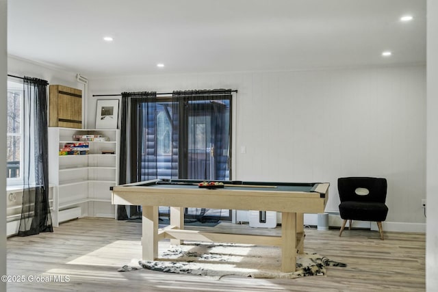 game room featuring recessed lighting, billiards, light wood-style flooring, and baseboards