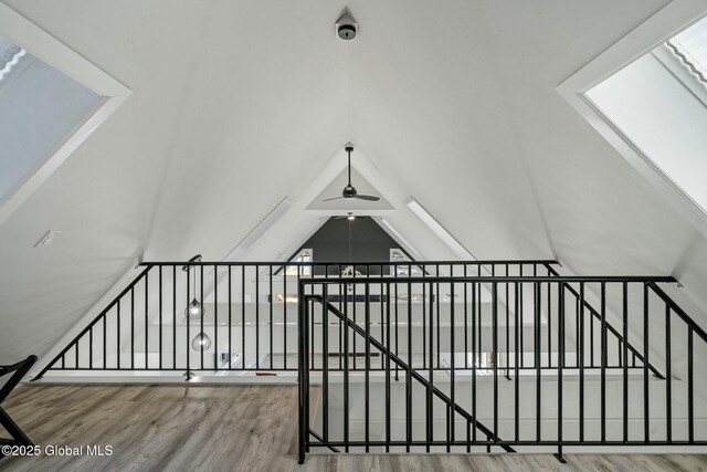 additional living space featuring lofted ceiling with skylight, ceiling fan, and wood finished floors