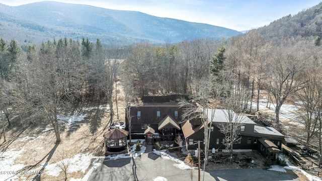 birds eye view of property with a mountain view and a forest view