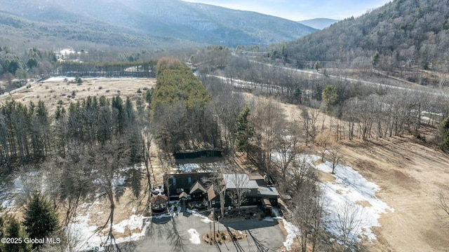 drone / aerial view with a mountain view and a view of trees