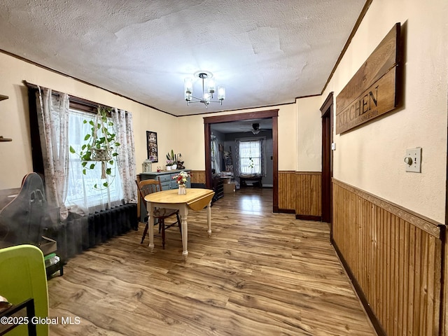 dining space featuring crown molding, wainscoting, a textured ceiling, wood finished floors, and a chandelier