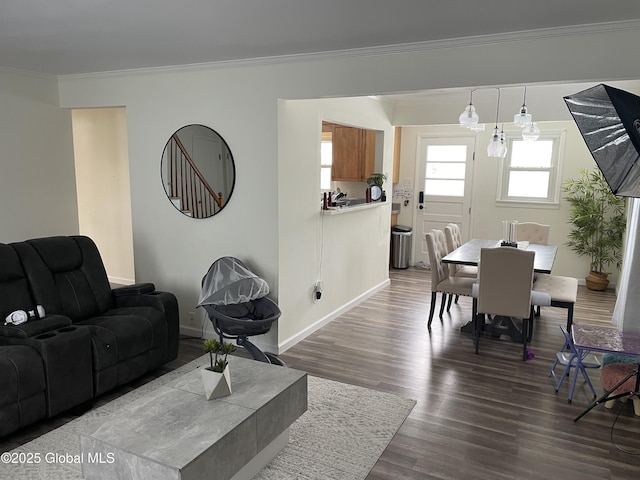 living room with dark wood-style floors, baseboards, and crown molding