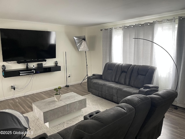 living area featuring crown molding, baseboards, and wood finished floors