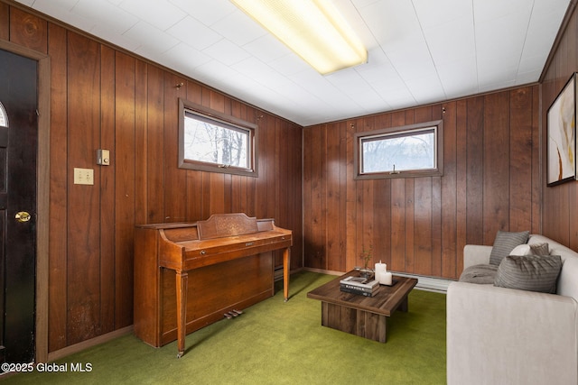 interior space with light carpet and wood walls