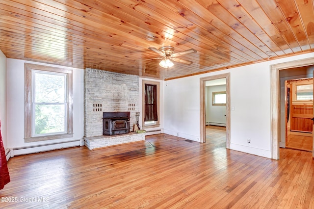 244 Kingsboro Ave, Gloversville, NY 12078 - unfurnished living room with a baseboard heating unit, wooden ceiling, a wood stove, hardwood / wood-style flooring, and a ceiling fan