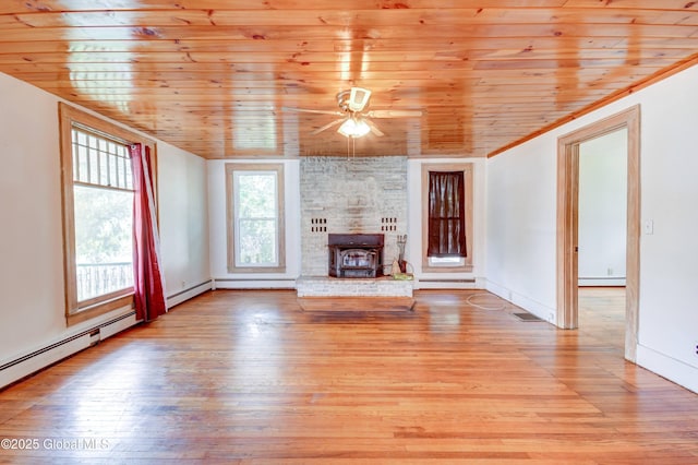 244 Kingsboro Ave, Gloversville, NY 12078 - unfurnished living room with wood ceiling, a ceiling fan, light wood finished floors, baseboard heating, and baseboards