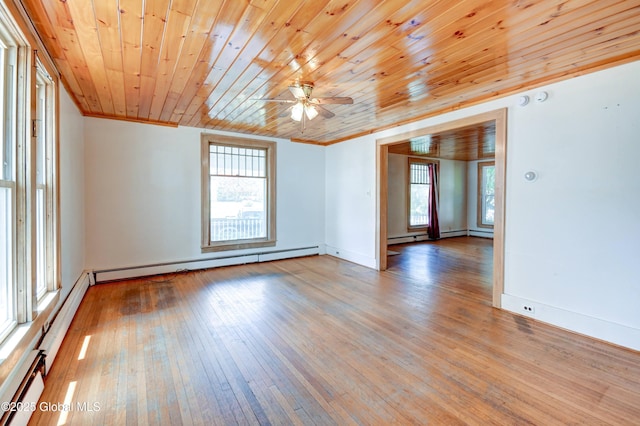 244 Kingsboro Ave, Gloversville, NY 12078 - empty room featuring baseboard heating, ceiling fan, plenty of natural light, ornamental molding, and wood-type flooring