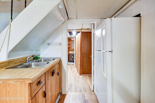 244 Kingsboro Ave, Gloversville, NY 12078 - kitchen featuring freestanding refrigerator, a sink, light wood-style flooring, and light countertops