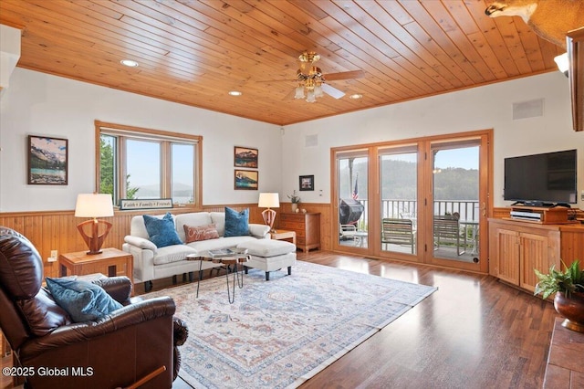 536 E Shore Dr, Horicon, NY 12808 - living room featuring wood ceiling, wainscoting, a ceiling fan, wood finished floors, and recessed lighting