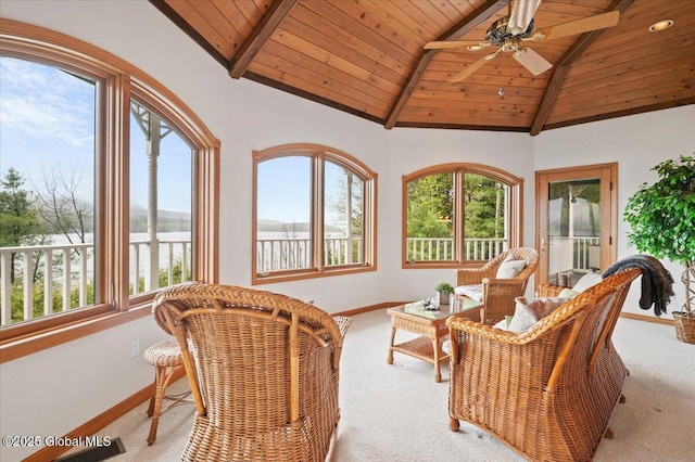 536 E Shore Dr, Horicon, NY 12808 - sunroom / solarium featuring carpet floors, wooden ceiling, baseboards, a water view, and healthy amount of natural light