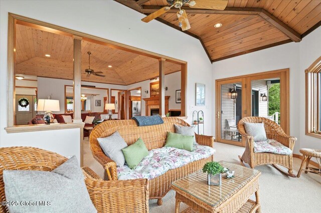 536 E Shore Dr, Horicon, NY 12808 - living room with wood ceiling, a ceiling fan, carpet, and recessed lighting