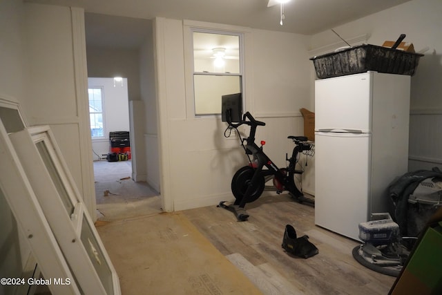 workout area featuring light wood-type flooring