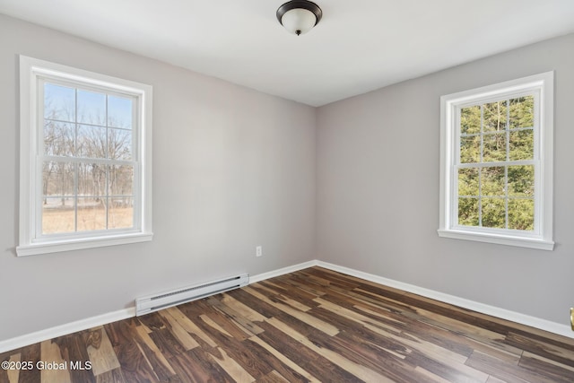 spare room featuring dark wood-style floors, baseboard heating, and baseboards