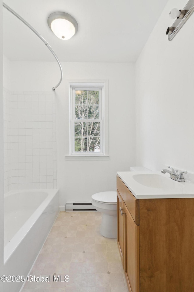 bathroom featuring toilet, shower / tub combination, baseboard heating, and vanity