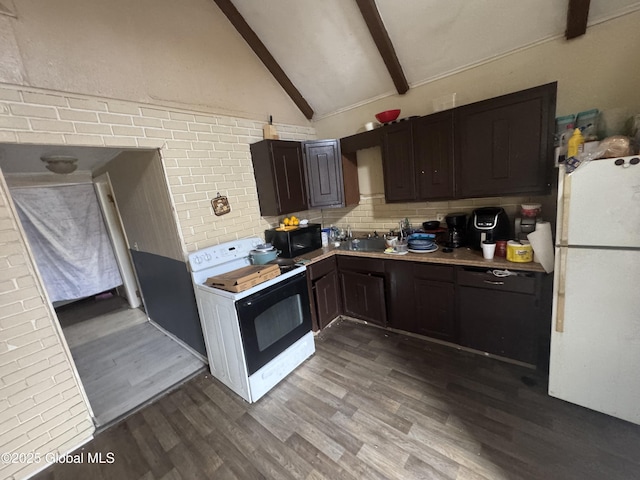 kitchen featuring wood finished floors, lofted ceiling with beams, decorative backsplash, black appliances, and dark brown cabinetry