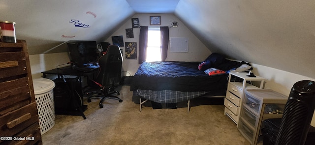 carpeted bedroom featuring vaulted ceiling