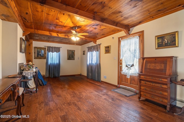 foyer entrance featuring baseboards, wood ceiling, and hardwood / wood-style flooring