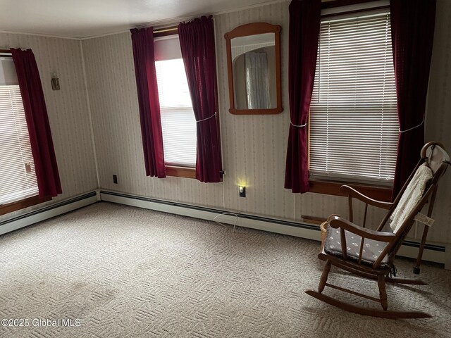 interior space featuring baseboard heating and carpet floors