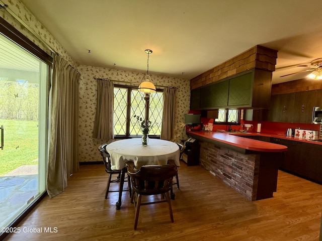 24 Regina Ln, Amsterdam, NY 12010 - dining room featuring wallpapered walls, wood finished floors, and a ceiling fan