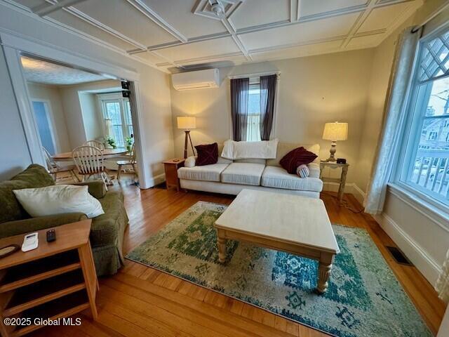 living area featuring a wealth of natural light, visible vents, a wall unit AC, and wood finished floors