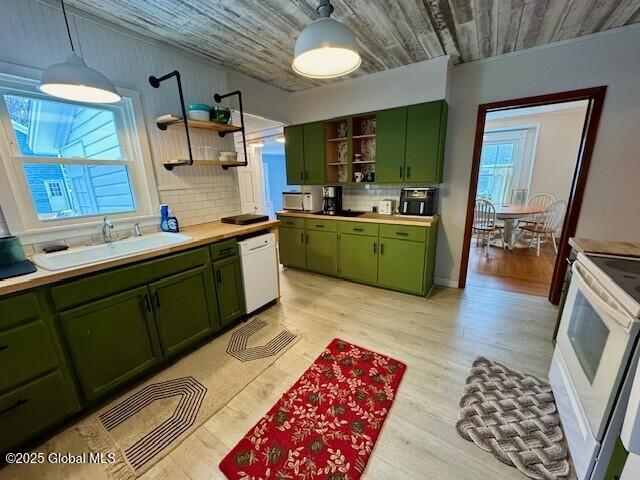 kitchen with open shelves, green cabinets, wood ceiling, a sink, and white appliances