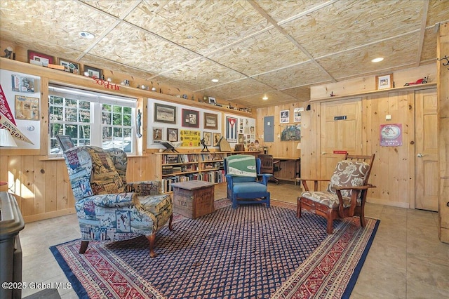 living area with wooden walls