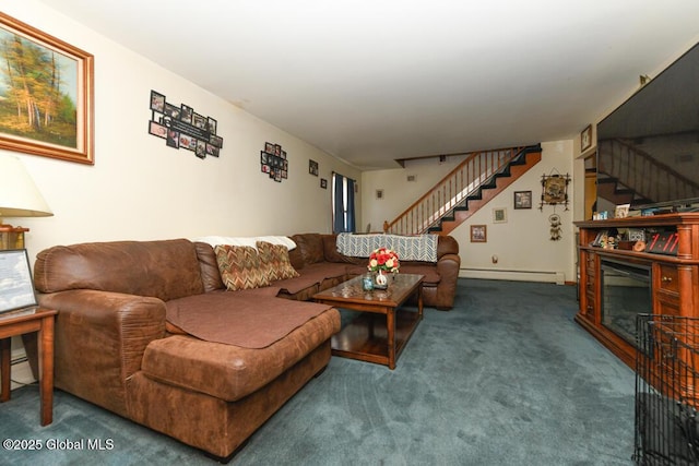 living area with carpet floors, a baseboard radiator, a glass covered fireplace, and stairway