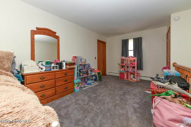 carpeted bedroom featuring a baseboard heating unit