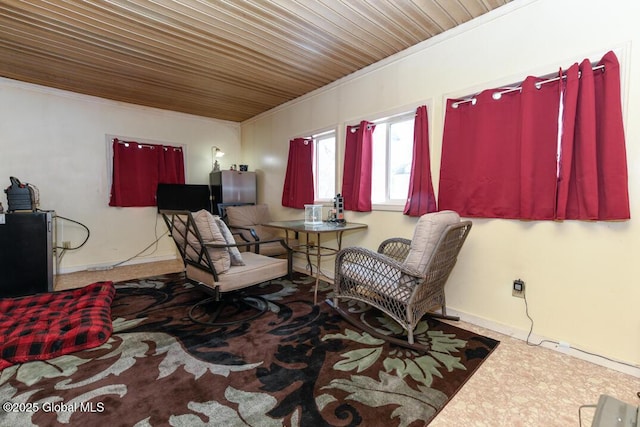 living area featuring ornamental molding and baseboards