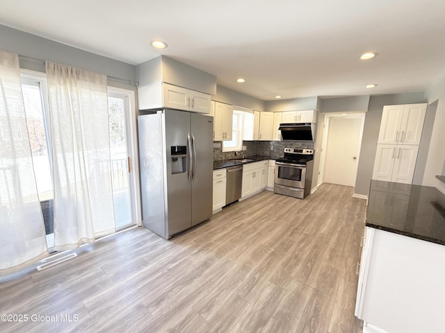 kitchen featuring a sink, stainless steel appliances, light wood-style floors, under cabinet range hood, and tasteful backsplash