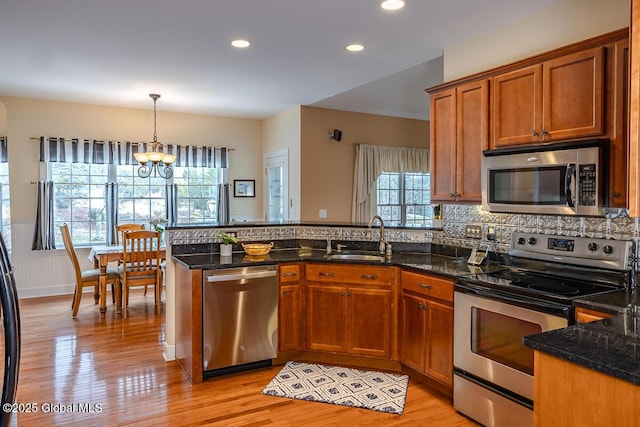 kitchen with a sink, stainless steel appliances, a peninsula, and dark stone counters