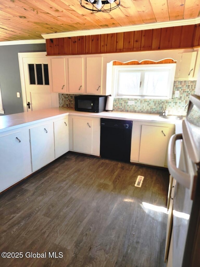 kitchen with black appliances, wooden ceiling, and light countertops