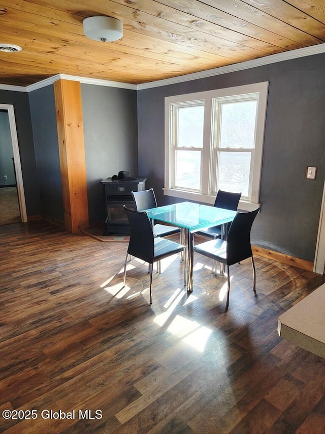 dining room featuring visible vents, wood finished floors, wood ceiling, and crown molding