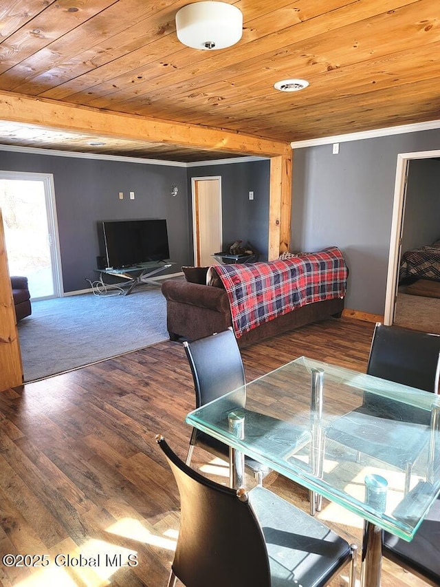 dining space with wood ceiling, baseboards, and wood finished floors