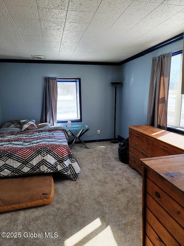 bedroom with carpet floors and crown molding