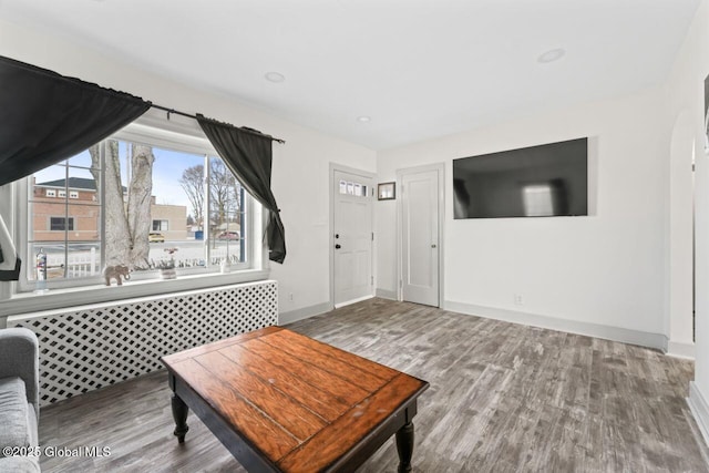 living area featuring baseboards, wood finished floors, and recessed lighting