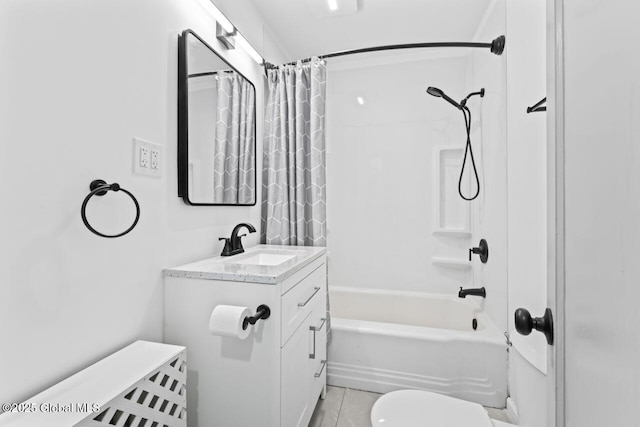 bathroom with toilet, vanity, and shower / bathtub combination with curtain